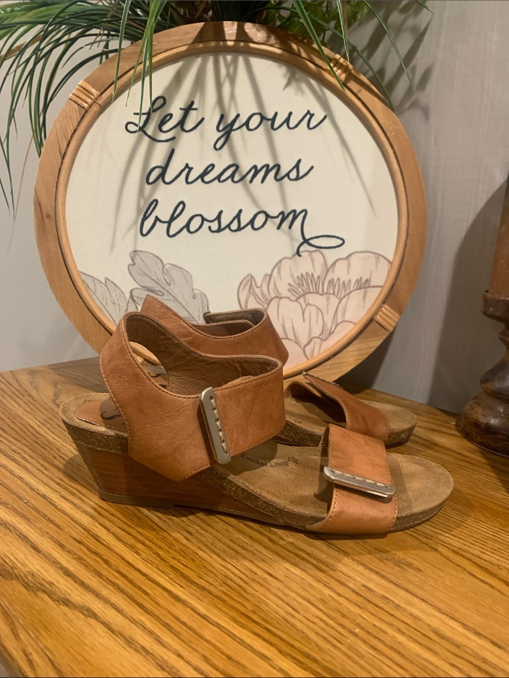Sofft Verdi Tan Leather Two-Strap Velcro Wedge Sandals